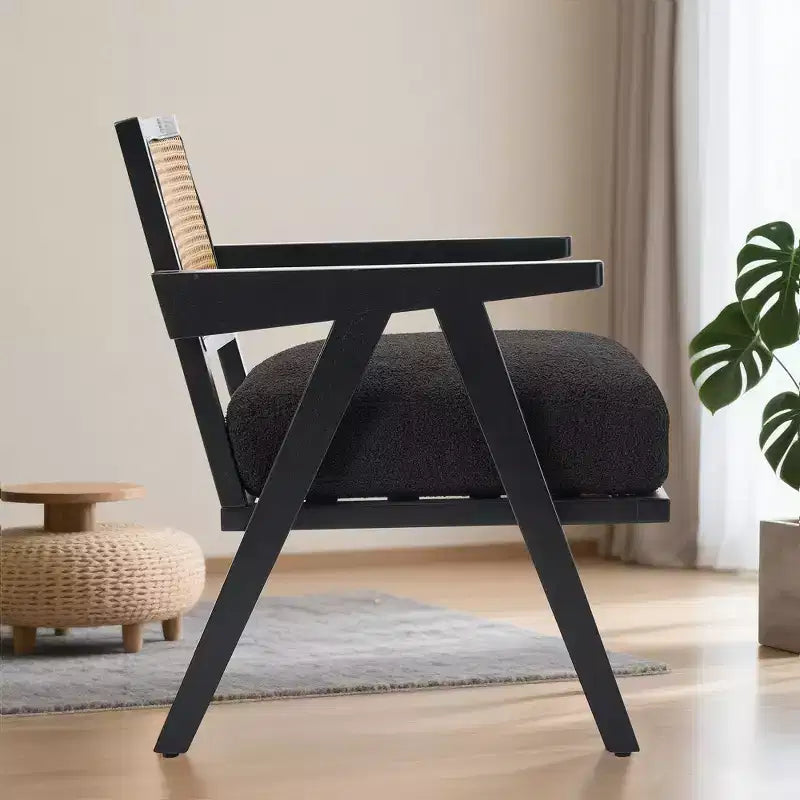 Poltrona d'accento rustica di metà secolo - Poltrona in legno con schienale in rattan e cuscino in lino per soggiorno, camera da letto - Beige, facile montaggio