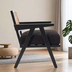 Poltrona d'accento rustica di metà secolo - Poltrona in legno con schienale in rattan e cuscino in lino per soggiorno, camera da letto - Beige, facile montaggio