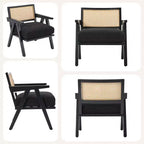 Poltrona d'accento rustica di metà secolo - Poltrona in legno con schienale in rattan e cuscino in lino per soggiorno, camera da letto - Beige, facile montaggio