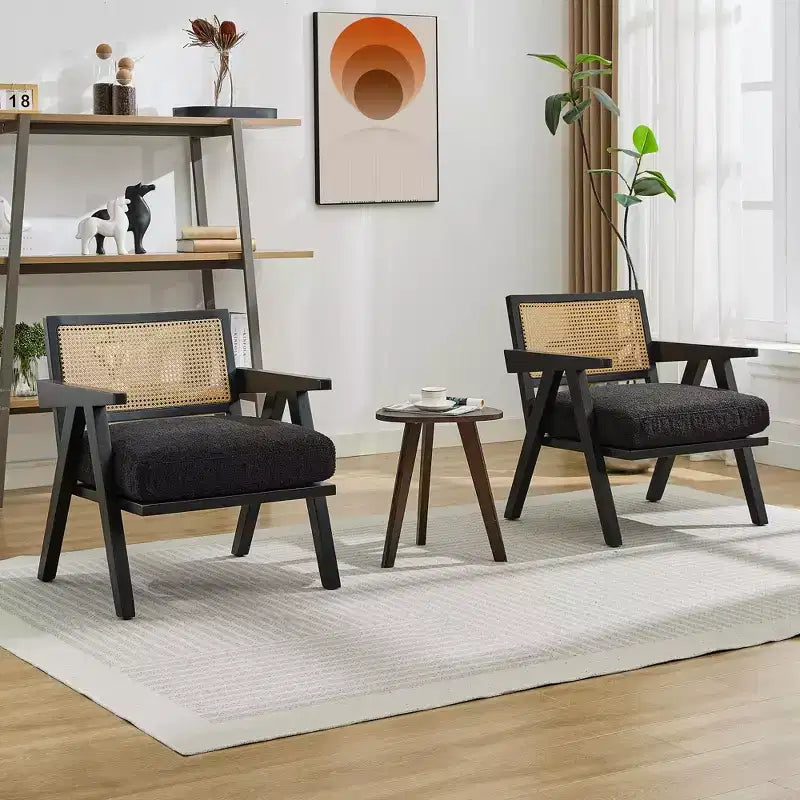 Poltrona d'accento rustica di metà secolo - Poltrona in legno con schienale in rattan e cuscino in lino per soggiorno, camera da letto - Beige, facile montaggio