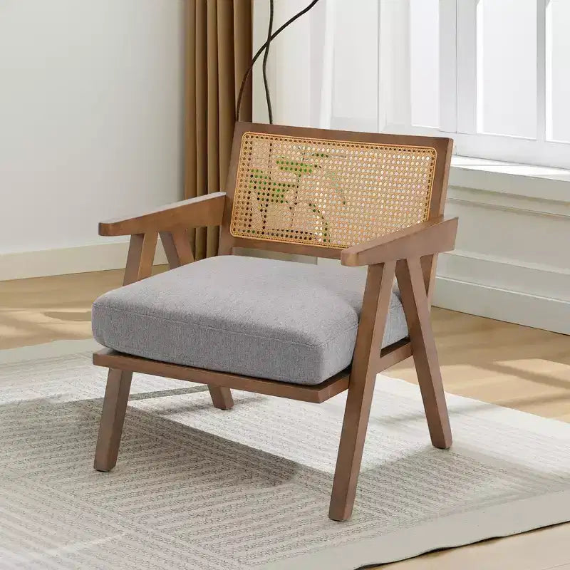 Poltrona d'accento rustica di metà secolo - Poltrona in legno con schienale in rattan e cuscino in lino per soggiorno, camera da letto - Beige, facile montaggio