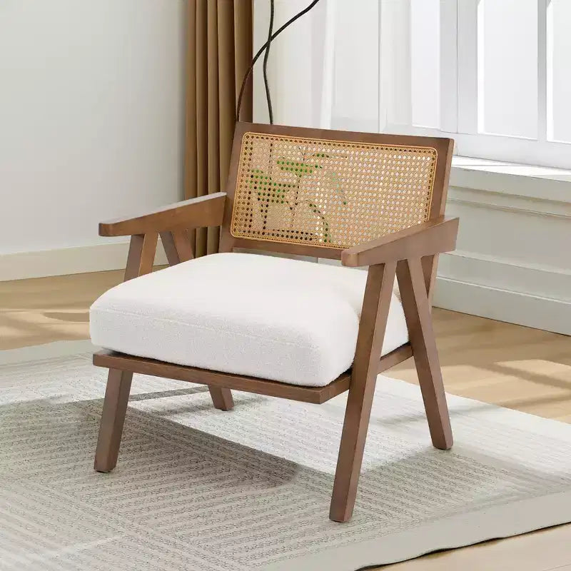 Poltrona d'accento rustica di metà secolo - Poltrona in legno con schienale in rattan e cuscino in lino per soggiorno, camera da letto - Beige, facile montaggio