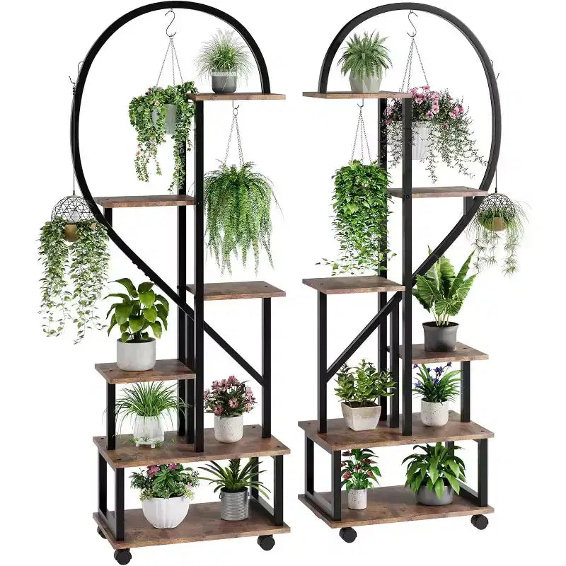 Confezione da 2 supporti per piante alti a 6 ripiani in metallo da interni con ruote staccabili, porta piante a forma di mezza luna con cassetti, grande espositore per piante