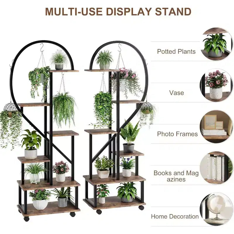 Confezione da 2 supporti per piante alti a 6 ripiani in metallo da interni con ruote staccabili, porta piante a forma di mezza luna con cassetti, grande espositore per piante