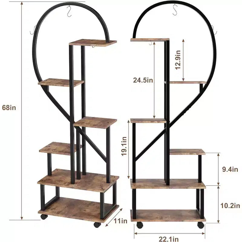 Confezione da 2 supporti per piante alti a 6 ripiani in metallo da interni con ruote staccabili, porta piante a forma di mezza luna con cassetti, grande espositore per piante