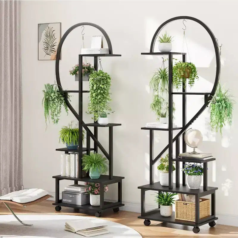 Confezione da 2 supporti per piante alti a 6 ripiani in metallo da interni con ruote staccabili, porta piante a forma di mezza luna con cassetti, grande espositore per piante