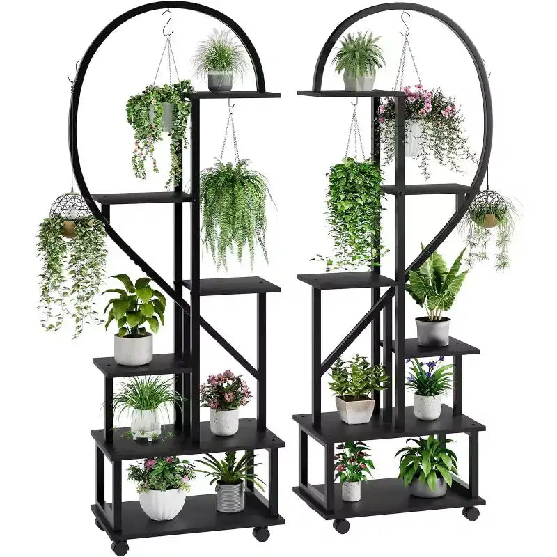 Confezione da 2 supporti per piante alti a 6 ripiani in metallo da interni con ruote staccabili, porta piante a forma di mezza luna con cassetti, grande espositore per piante