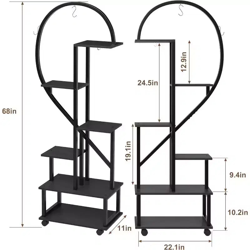 Confezione da 2 supporti per piante alti a 6 ripiani in metallo da interni con ruote staccabili, porta piante a forma di mezza luna con cassetti, grande espositore per piante