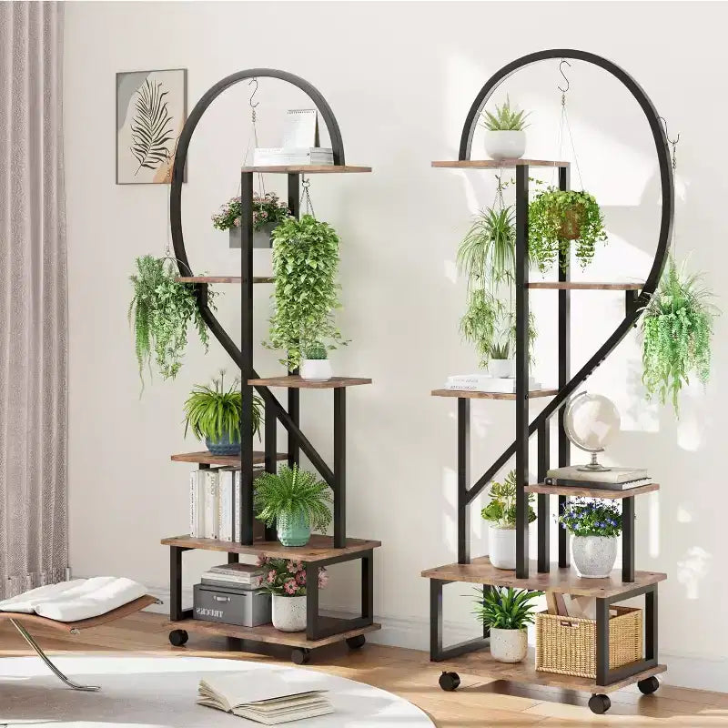Confezione da 2 supporti per piante alti a 6 ripiani in metallo da interni con ruote staccabili, porta piante a forma di mezza luna con cassetti, grande espositore per piante