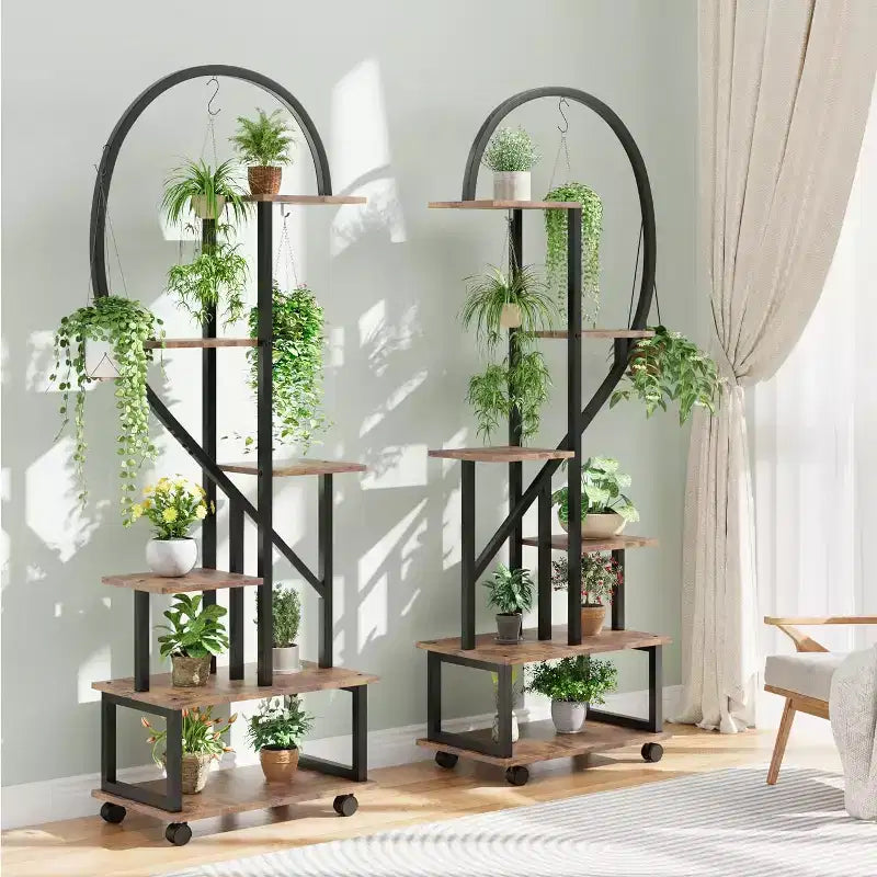 Confezione da 2 supporti per piante alti a 6 ripiani in metallo da interni con ruote staccabili, porta piante a forma di mezza luna con cassetti, grande espositore per piante