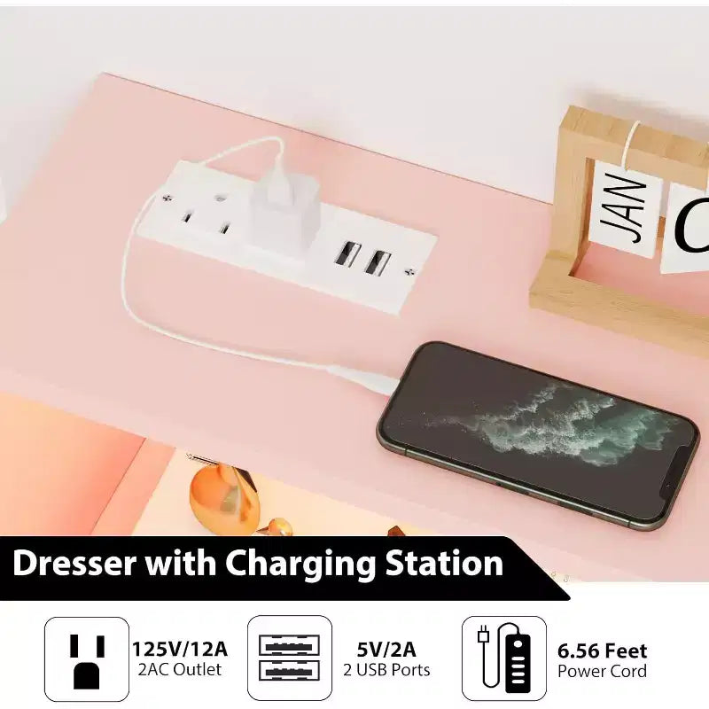 Cassettiera, comò illuminato a 6 cassetti con stazione di ricarica e ripiano portaoggetti, cassettiera in legno, mobiletto moderno per camera da letto, soggiorno