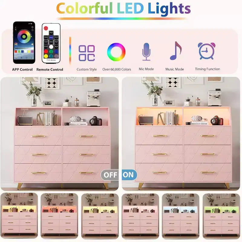 Cassettiera, comò illuminato a 6 cassetti con stazione di ricarica e ripiano portaoggetti, cassettiera in legno, mobiletto moderno per camera da letto, soggiorno