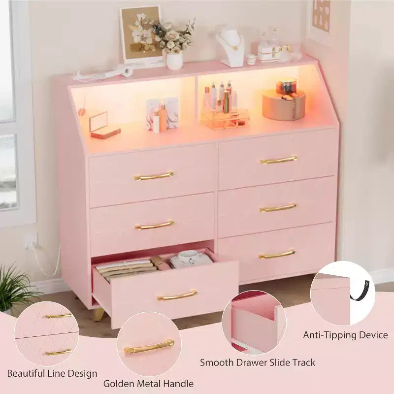 Cassettiera, comò illuminato a 6 cassetti con stazione di ricarica e ripiano portaoggetti, cassettiera in legno, mobiletto moderno per camera da letto, soggiorno