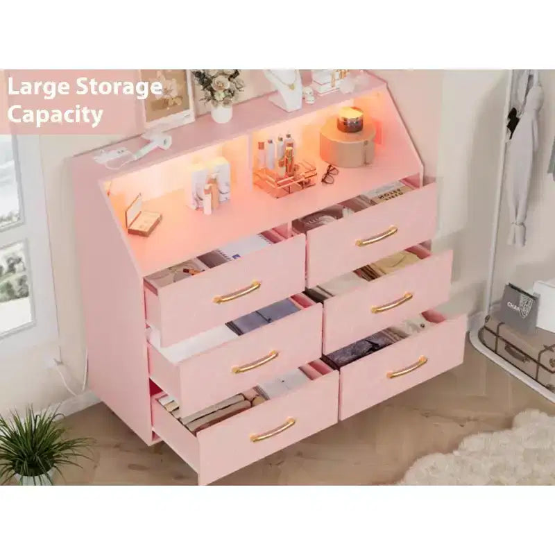Cassettiera, comò illuminato a 6 cassetti con stazione di ricarica e ripiano portaoggetti, cassettiera in legno, mobiletto moderno per camera da letto, soggiorno