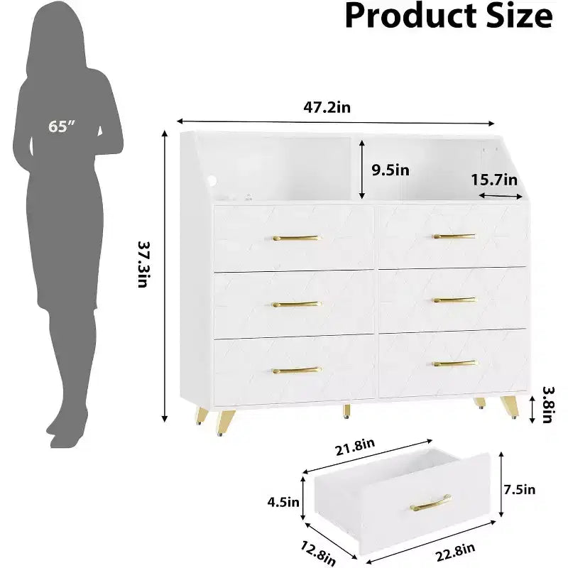 Cassettiera, comò illuminato a 6 cassetti con stazione di ricarica e ripiano portaoggetti, cassettiera in legno, mobiletto moderno per camera da letto, soggiorno