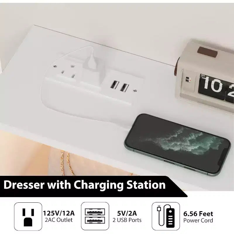 Cassettiera, comò illuminato a 6 cassetti con stazione di ricarica e ripiano portaoggetti, cassettiera in legno, mobiletto moderno per camera da letto, soggiorno