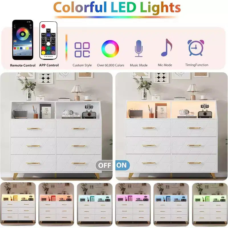 Cassettiera, comò illuminato a 6 cassetti con stazione di ricarica e ripiano portaoggetti, cassettiera in legno, mobiletto moderno per camera da letto, soggiorno