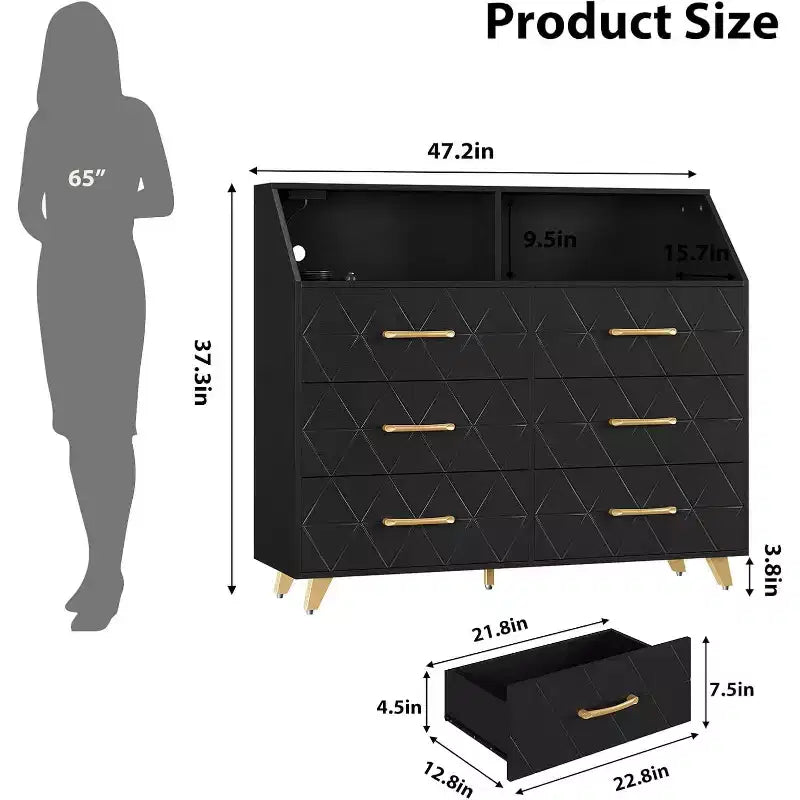 Cassettiera, comò illuminato a 6 cassetti con stazione di ricarica e ripiano portaoggetti, cassettiera in legno, mobiletto moderno per camera da letto, soggiorno