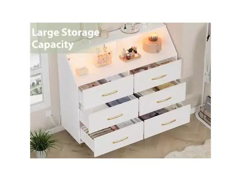 Cassettiera, comò illuminato a 6 cassetti con stazione di ricarica e ripiano portaoggetti, cassettiera in legno, mobiletto moderno per camera da letto, soggiorno