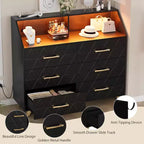 Cassettiera, comò illuminato a 6 cassetti con stazione di ricarica e ripiano portaoggetti, cassettiera in legno, mobiletto moderno per camera da letto, soggiorno