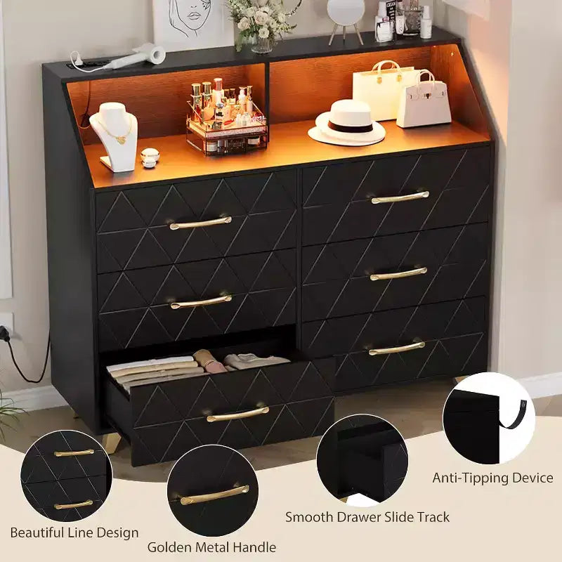 Cassettiera, comò illuminato a 6 cassetti con stazione di ricarica e ripiano portaoggetti, cassettiera in legno, mobiletto moderno per camera da letto, soggiorno