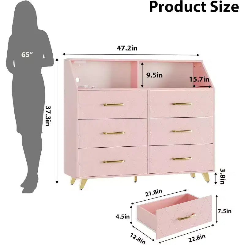 Cassettiera, comò illuminato a 6 cassetti con stazione di ricarica e ripiano portaoggetti, cassettiera in legno, mobiletto moderno per camera da letto, soggiorno