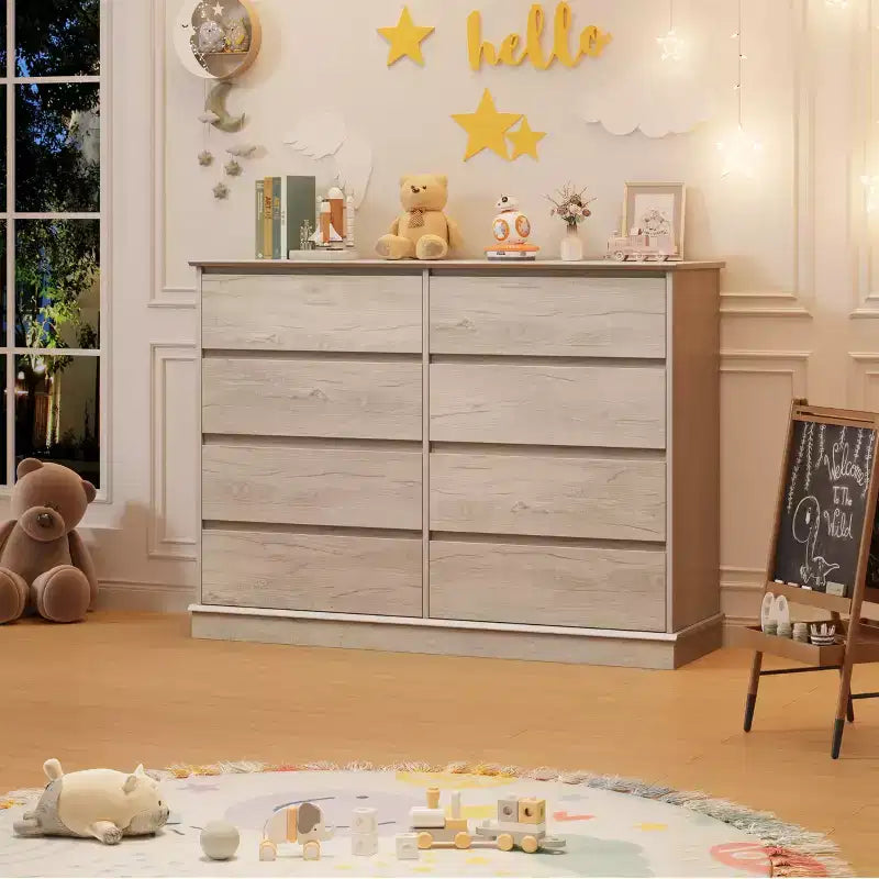 GustoWave Comò a 8 cassetti per camera da letto, cassettiera con cassetti profondi, cassettiera doppia grande per armadio con piano ampio, cassettiera orizzontale in legno