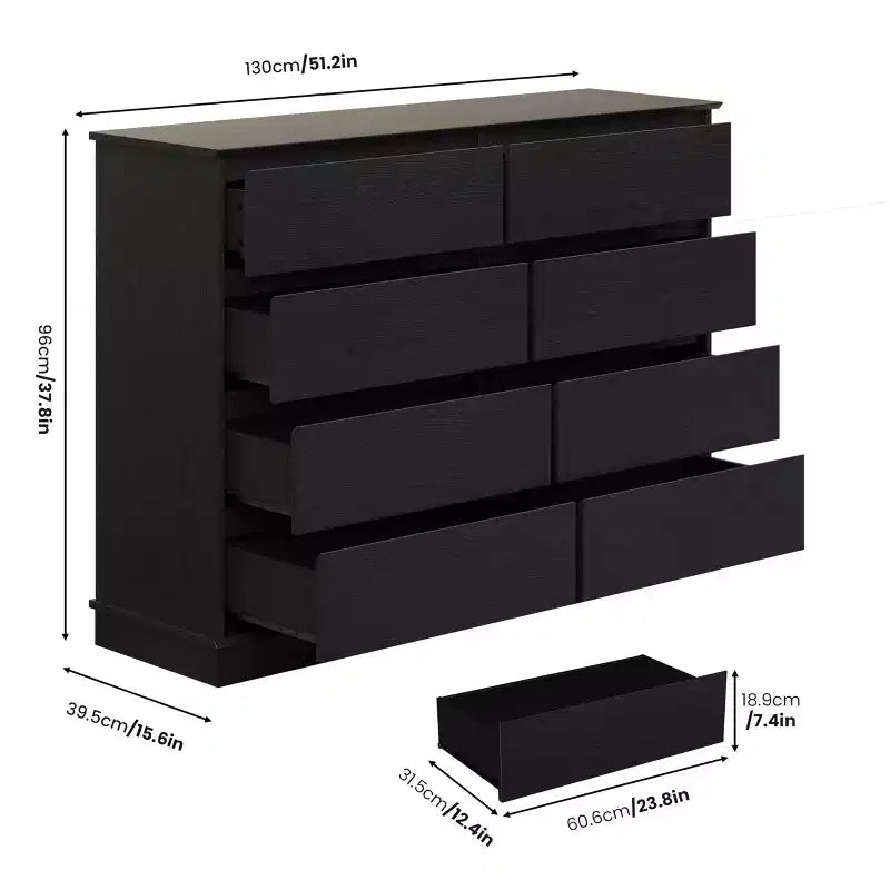 GustoWave Comò a 8 cassetti per camera da letto, cassettiera con cassetti profondi, cassettiera doppia grande per armadio con piano ampio, cassettiera orizzontale in legno