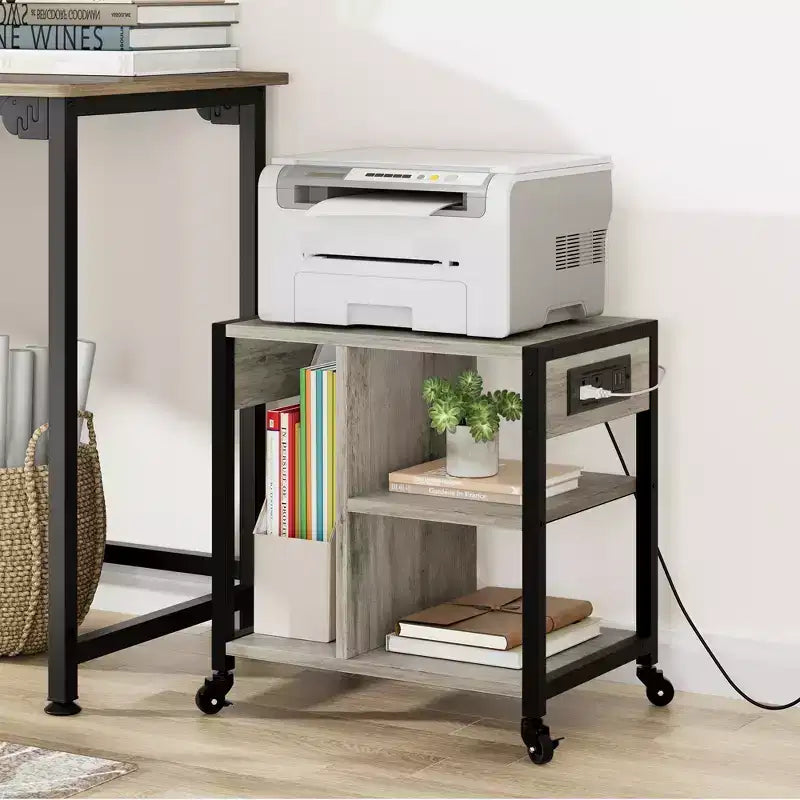 Under Desk Printer Stand, Industrial Printer Table with 3 Storage Shelves, Mobile Heavy Duty Printer Cart with Lockable Wheels, Home Office