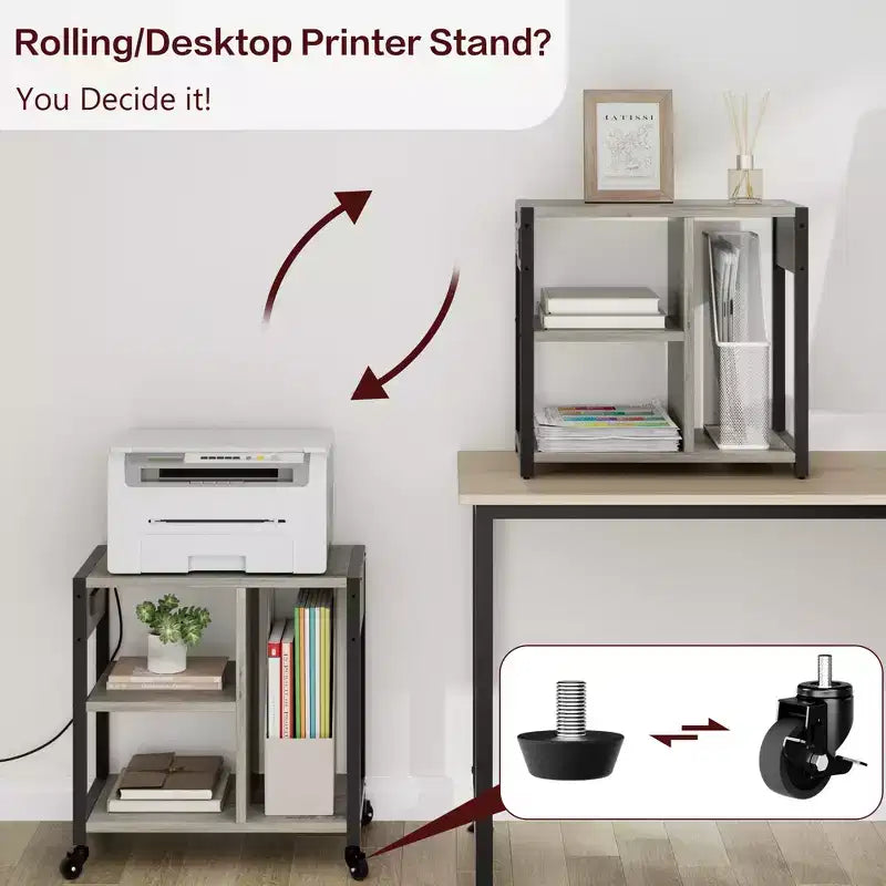 Supporto per stampante sotto scrivania, tavolo per stampante industriale con 3 ripiani, carrello per stampante mobile resistente con ruote bloccabili, ufficio domestico