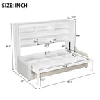 Letto a scomparsa Whisen Wood Queen Size con divano pieghevole, mensole portaoggetti integrate e luce a LED