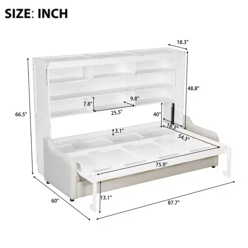 Letto a scomparsa Whisen Wood Queen Size con divano pieghevole, mensole portaoggetti integrate e luce a LED