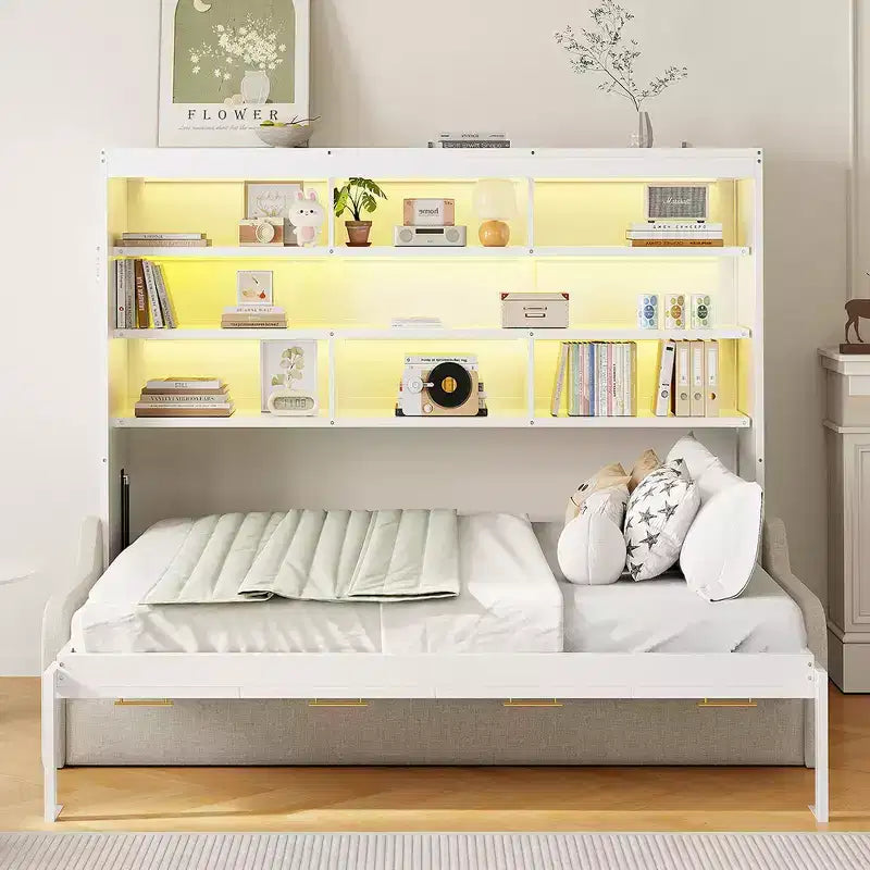 Letto a scomparsa Whisen Wood Queen Size con divano pieghevole, mensole portaoggetti integrate e luce a LED