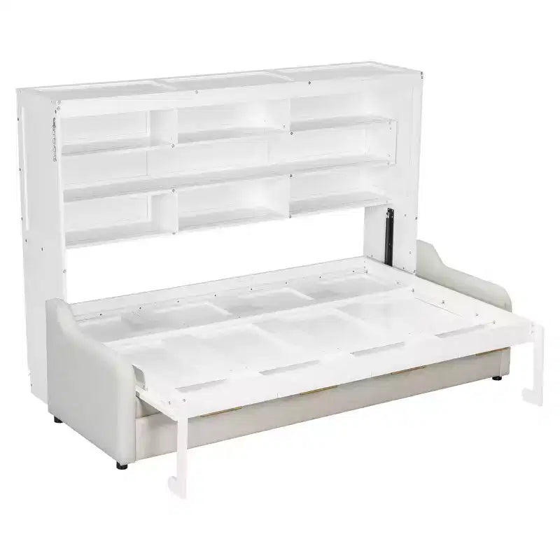 Letto a scomparsa Whisen Wood Queen Size con divano pieghevole, mensole portaoggetti integrate e luce a LED