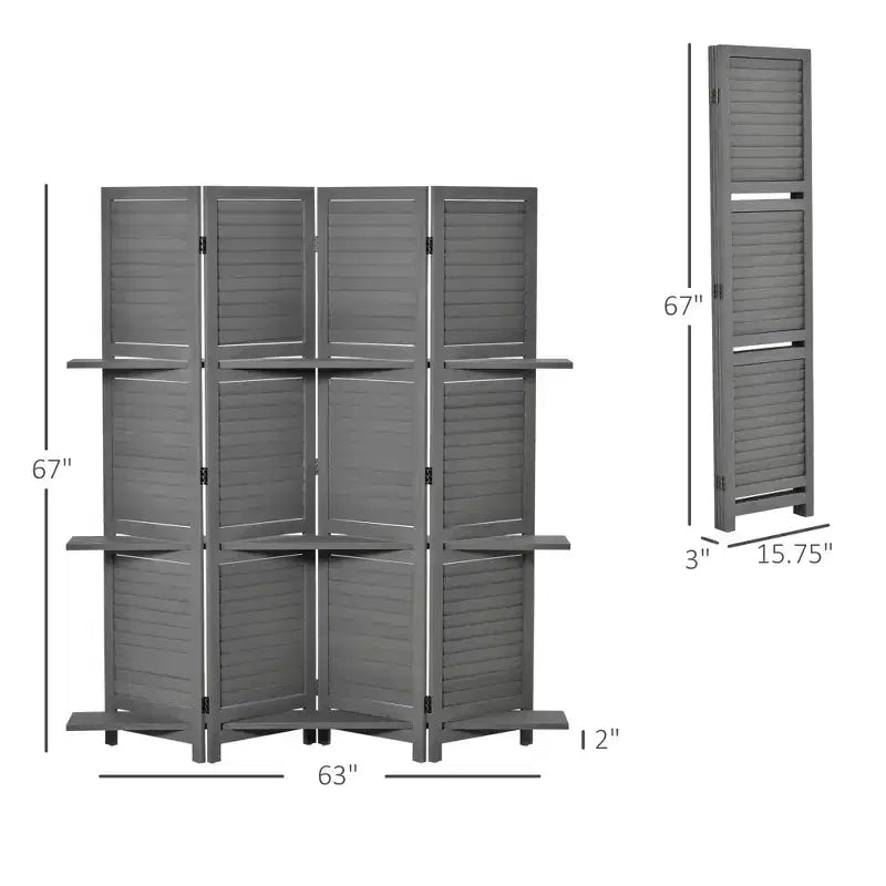 MAYEERTY Divisorio pieghevole a 4 pannelli, paravento autoportante in legno di Paulownia con ripiani portaoggetti per camera da letto e ufficio, grigio
