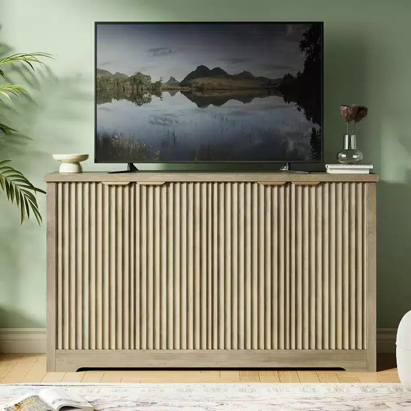 Credenza moderna in legno scanalato con 4 ante e ripiano regolabile, piano spazioso, versatile buffet e console per il caffè per la sala da pranzo