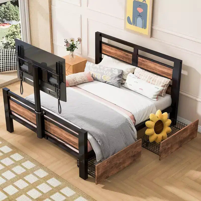 Telaio Letto a Piattaforma Matrimoniale in Metallo con Testiera e Pediera in MDF, 2 Cassetti Contenitori e Supporto TV Girevole, Industriale, Nero - ModernLuxe