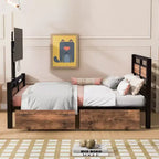 Telaio Letto a Piattaforma Matrimoniale in Metallo con Testiera e Pediera in MDF, 2 Cassetti Contenitori e Supporto TV Girevole, Industriale, Nero - ModernLuxe