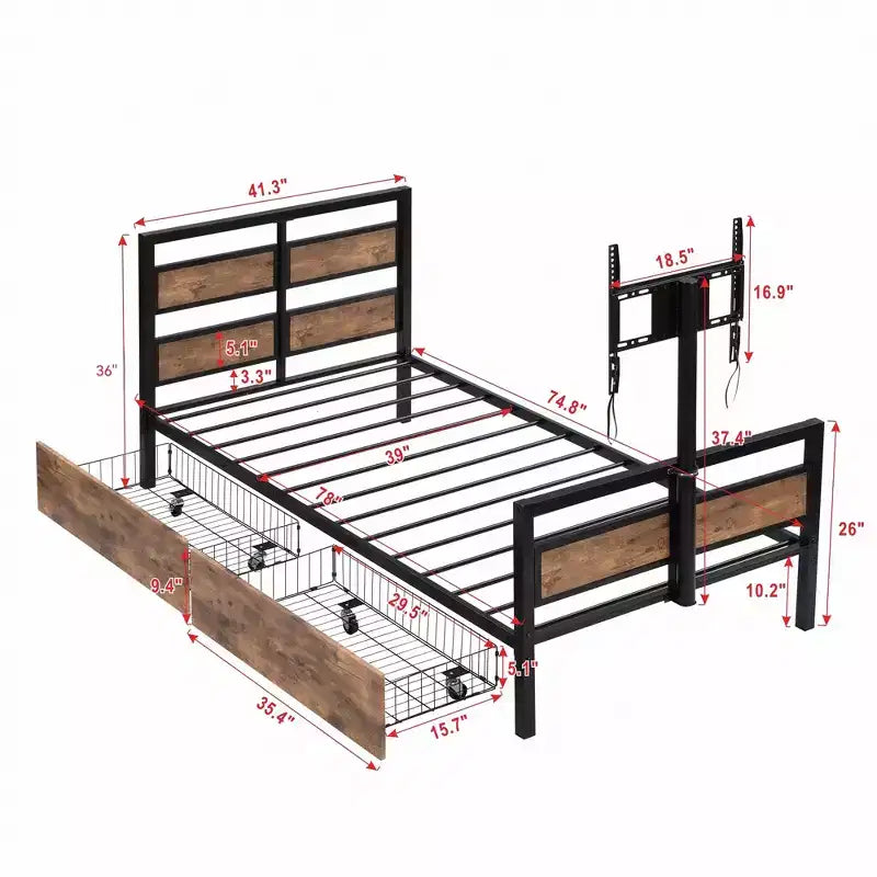 Telaio Letto a Piattaforma Matrimoniale in Metallo con Testiera e Pediera in MDF, 2 Cassetti Contenitori e Supporto TV Girevole, Industriale, Nero - ModernLuxe