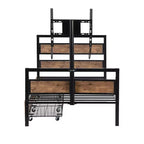 Telaio Letto a Piattaforma Matrimoniale in Metallo con Testiera e Pediera in MDF, 2 Cassetti Contenitori e Supporto TV Girevole, Industriale, Nero - ModernLuxe
