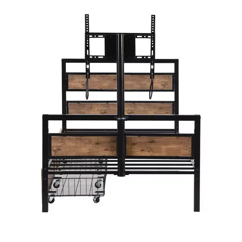 Telaio Letto a Piattaforma Matrimoniale in Metallo con Testiera e Pediera in MDF, 2 Cassetti Contenitori e Supporto TV Girevole, Industriale, Nero - ModernLuxe