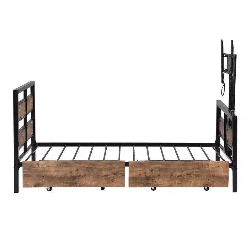 Telaio Letto a Piattaforma Matrimoniale in Metallo con Testiera e Pediera in MDF, 2 Cassetti Contenitori e Supporto TV Girevole, Industriale, Nero - ModernLuxe
