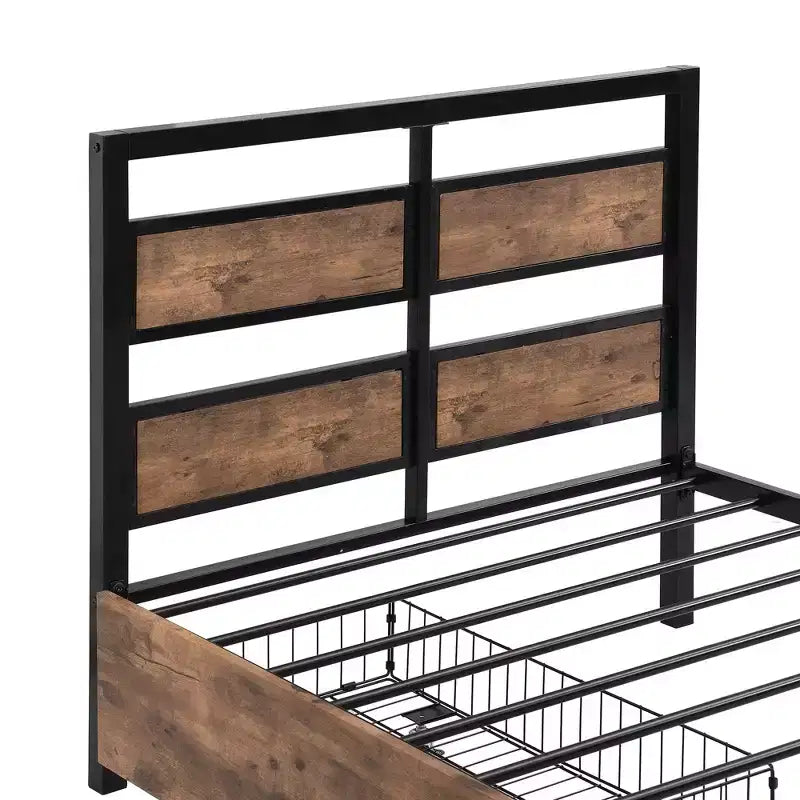 Telaio Letto a Piattaforma Matrimoniale in Metallo con Testiera e Pediera in MDF, 2 Cassetti Contenitori e Supporto TV Girevole, Industriale, Nero - ModernLuxe