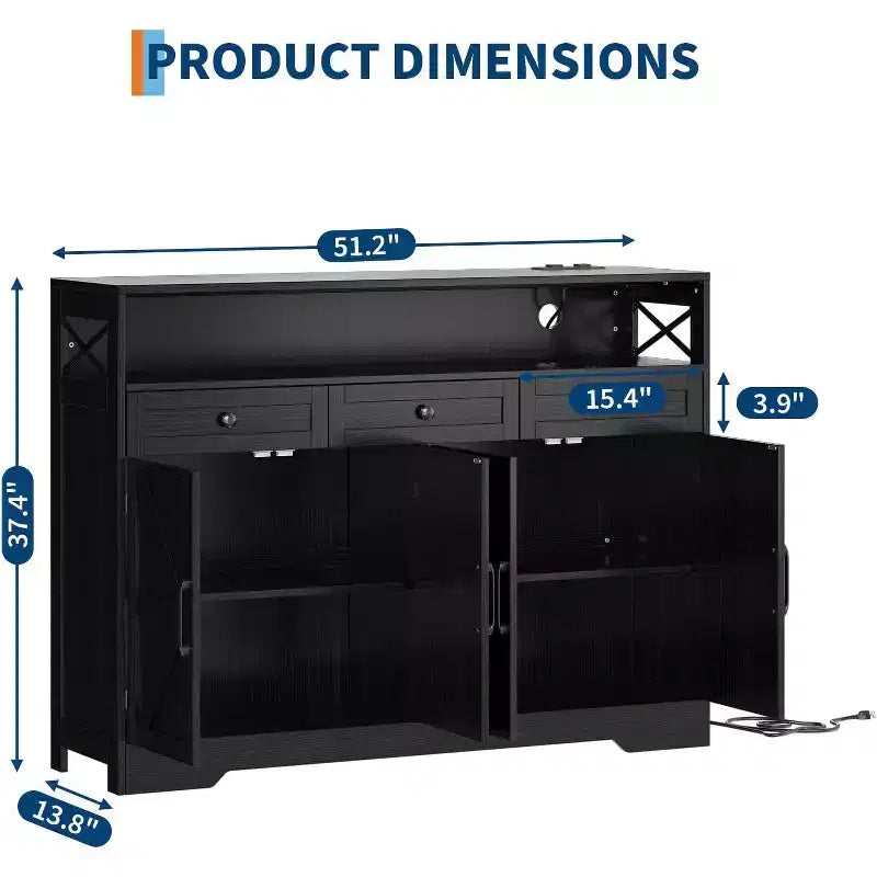 Credenza Grande da 130 cm con Spazio Contenitivo e Stazione di Ricarica, Madia Modern Farmhouse per Caffè, Dotata di 3 Cassetti e Ante