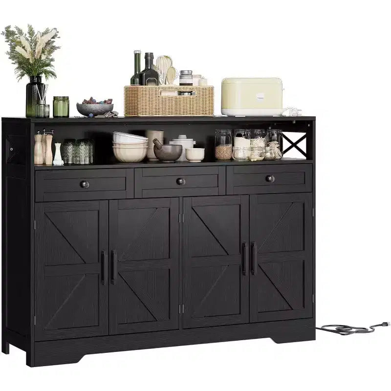 Credenza Grande da 130 cm con Spazio Contenitivo e Stazione di Ricarica, Madia Modern Farmhouse per Caffè, Dotata di 3 Cassetti e Ante