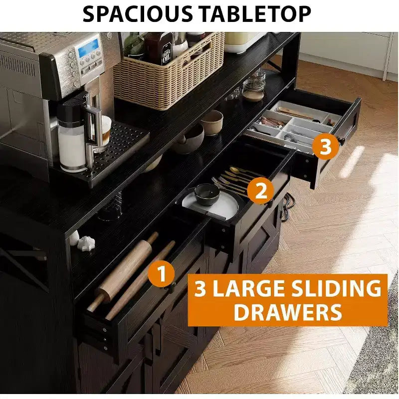 Credenza Grande da 130 cm con Spazio Contenitivo e Stazione di Ricarica, Madia Modern Farmhouse per Caffè, Dotata di 3 Cassetti e Ante