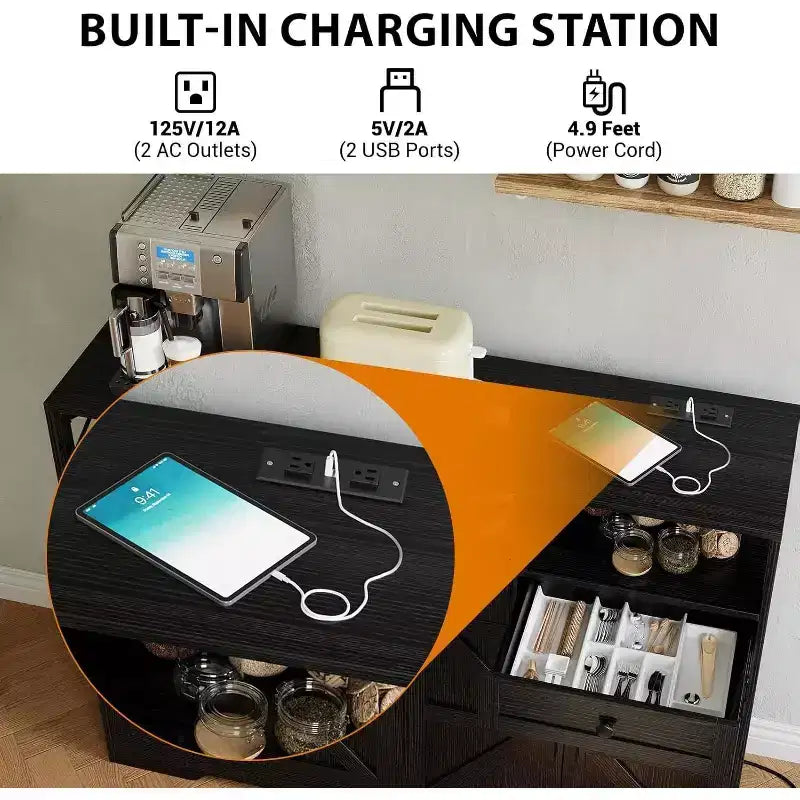 Credenza Grande da 130 cm con Spazio Contenitivo e Stazione di Ricarica, Madia Modern Farmhouse per Caffè, Dotata di 3 Cassetti e Ante