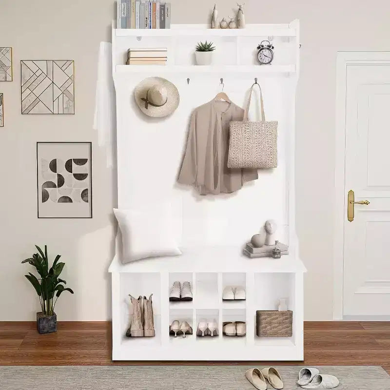 Multi-Functional Hall Tree, Entryway Bench with Storage Cabinet & 8 Shoe Cubes, Includes Top Shelf & 6 Coat Hooks, White Design