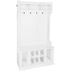 Appendiabiti multifunzionale, panca da ingresso con armadietto contenitore e 8 scomparti per scarpe, include mensola superiore e 6 ganci appendiabiti, design bianco