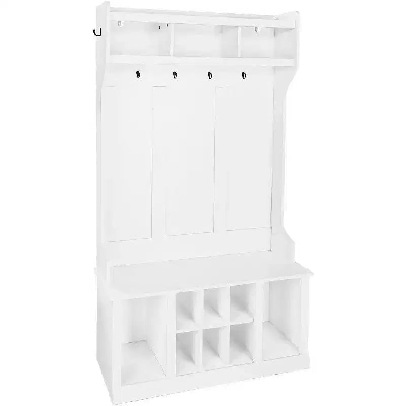 Appendiabiti multifunzionale, panca da ingresso con armadietto contenitore e 8 scomparti per scarpe, include mensola superiore e 6 ganci appendiabiti, design bianco
